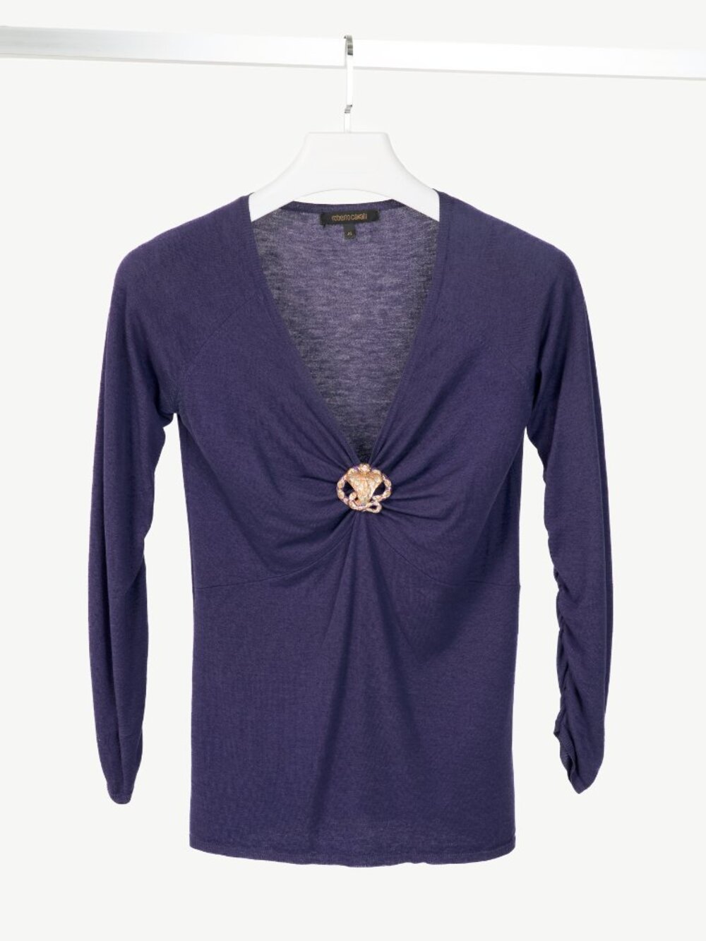 Roberto Cavalli Purple Snake-Bust Ruched Sweater